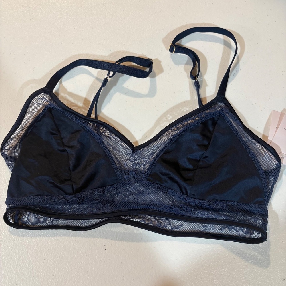 Auden Unlined Lace Bralette Navy Blue Mesh Sheer V-Neck XS 32A 32B